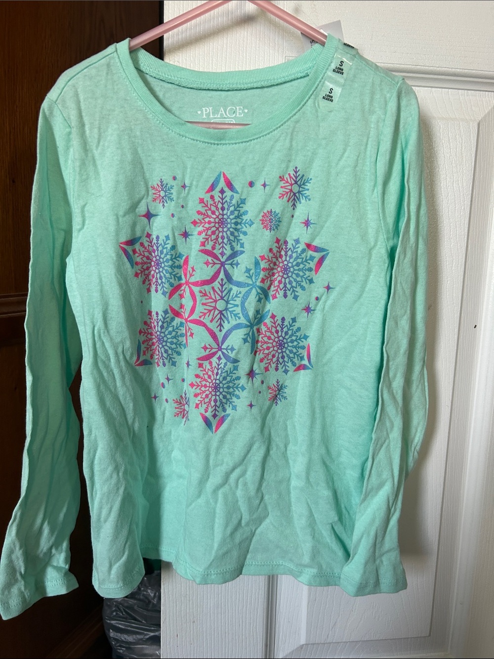 The Children's Place Mint Green Long Sleeve Tee with Pink & Blue Snowflake Motif